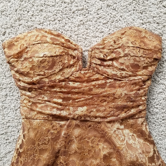 Bronze/Gold Lace Overlay Strapless Formal Gown - Picture 6 of 15
